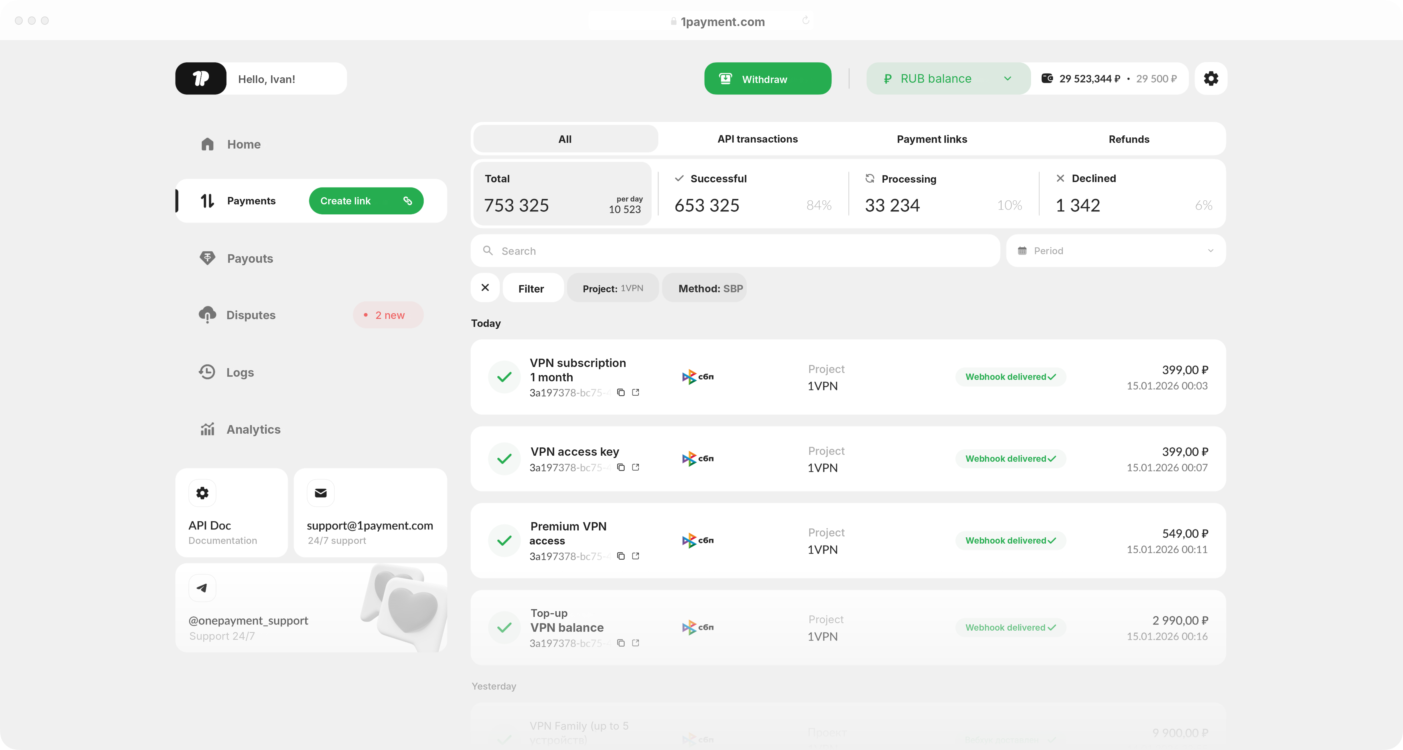 1Payment transaction history and analytics screen